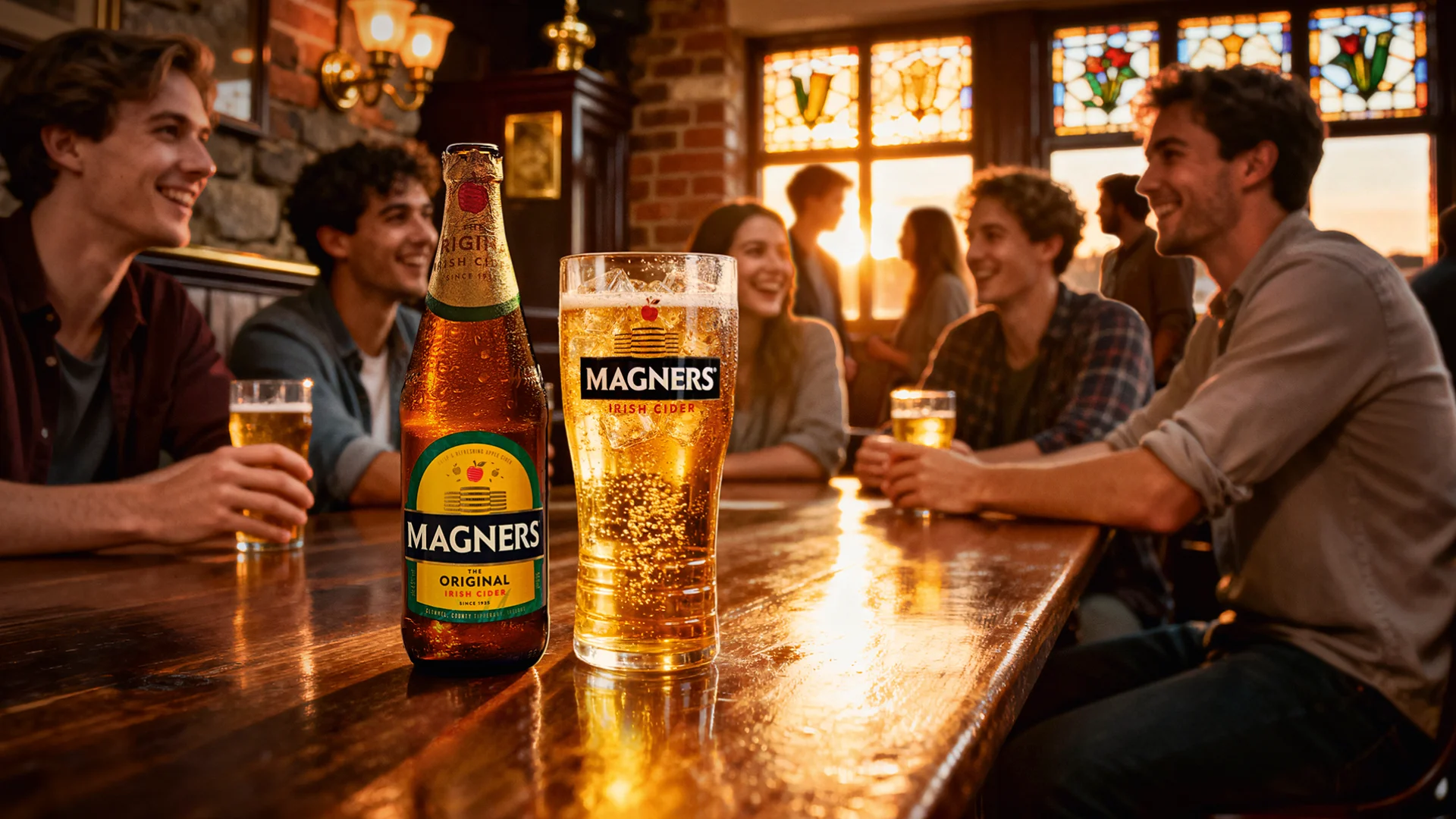 Magners Irish Cider campaign image — branded bottle and pint of cider on a warm-lit pub bar, friends laughing in the background.